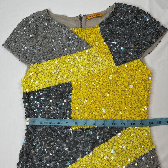 Alice + Olivia Taryn Colorblock Sequin Dress Mini Party Cocktail Yellow Gray 6 - Picture 9 of 16